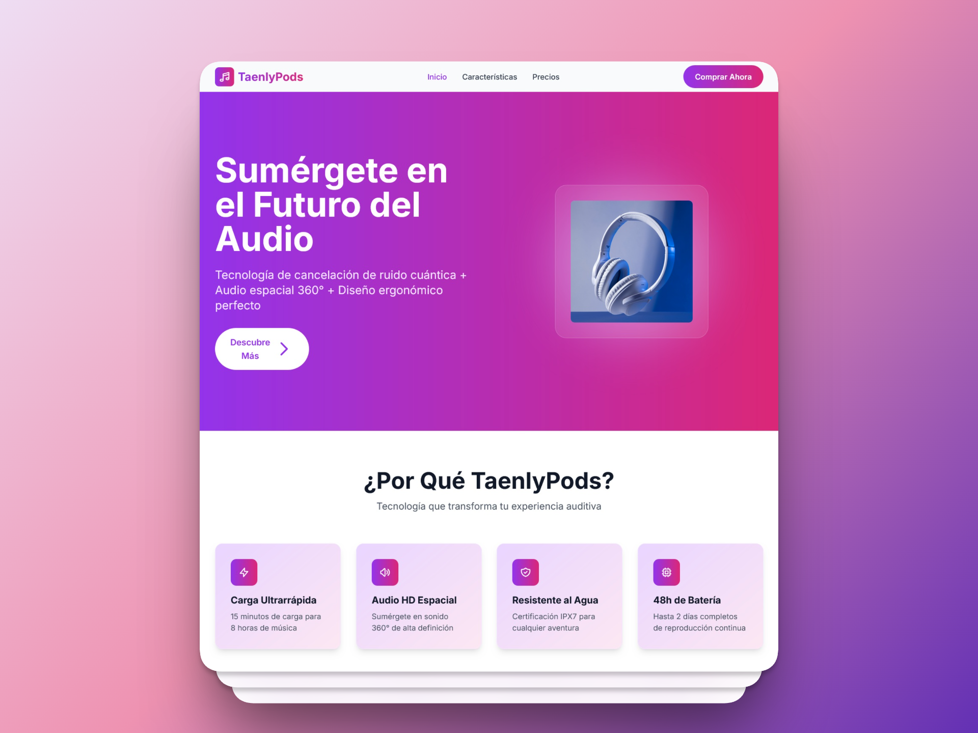 Captura de pantalla del proyecto TaenlyPods Landing Page